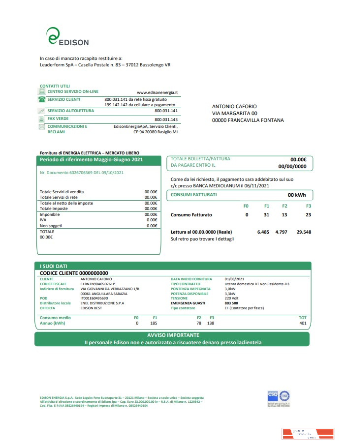 Italy Edison utility bill template in Word and PDF format, good for address prove